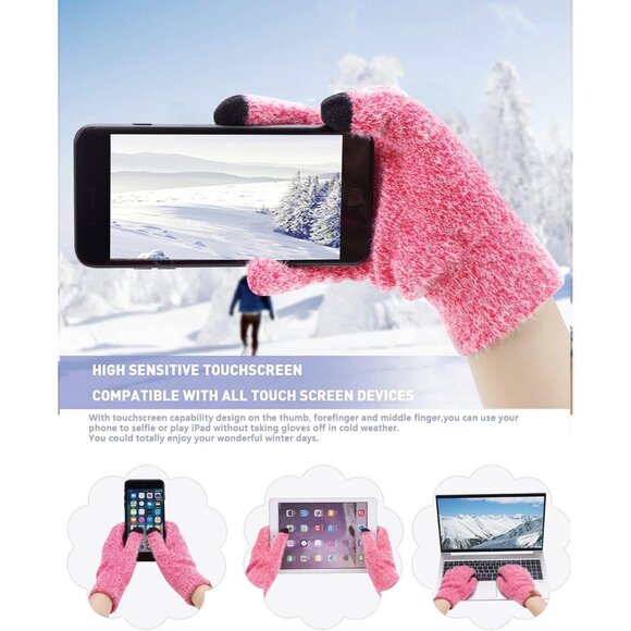 Women's Pink Red Warm Knit Beanie Hat Touchscreen Gloves Long Neck Scarf Set - Picture 4 of 6